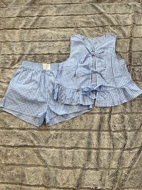 Light Blue and White Gingham Cotton Shirt and Shorts Set